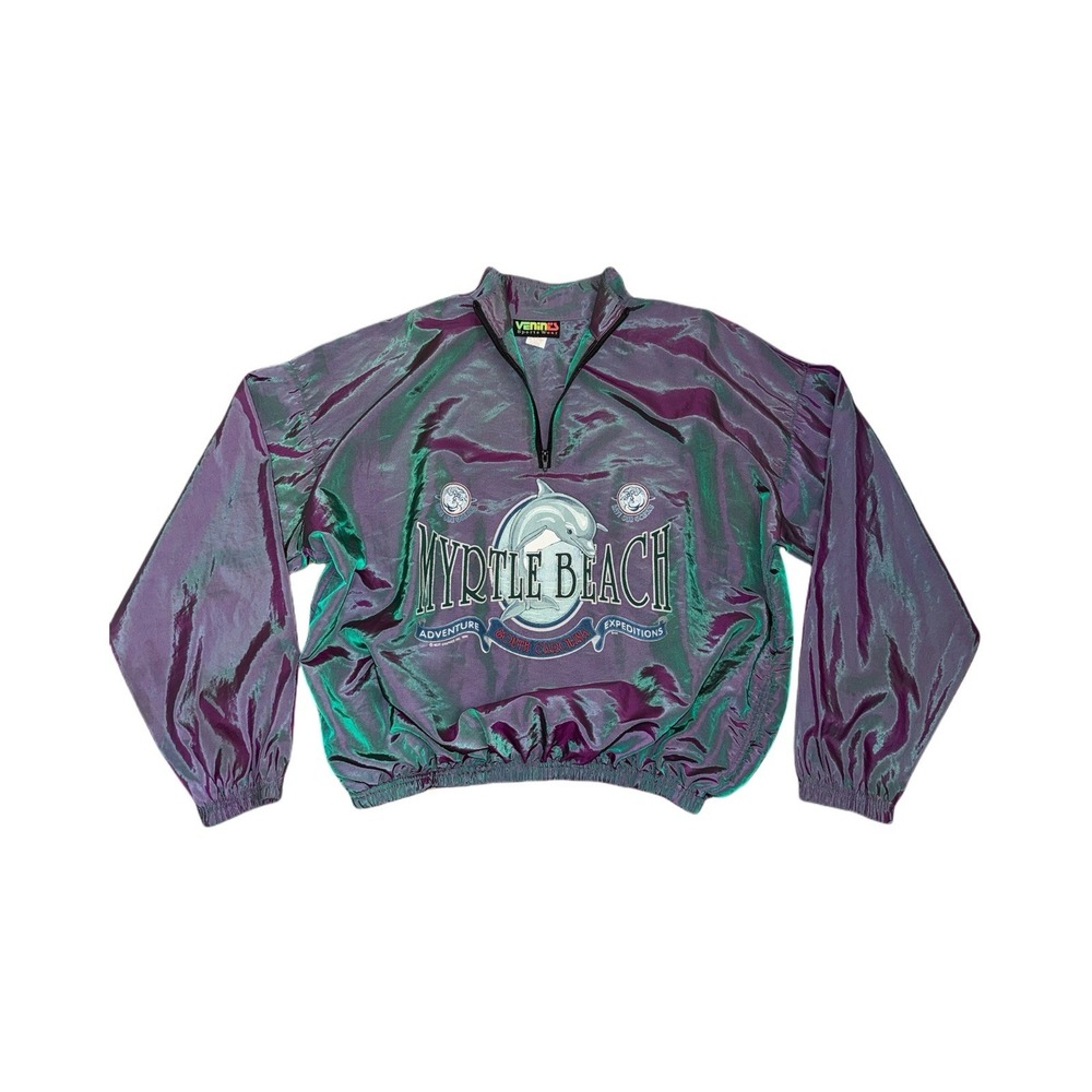 Venini's Myrtle Beach SC Windbreaker Pullover Green Purple Shift Save Oceans VTG